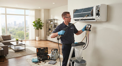 HVAC service technician doing precision jet pump cleaning and pressure gauge test on a split wall air conditioning unit indoor coil in a bright spacious apartment living room
