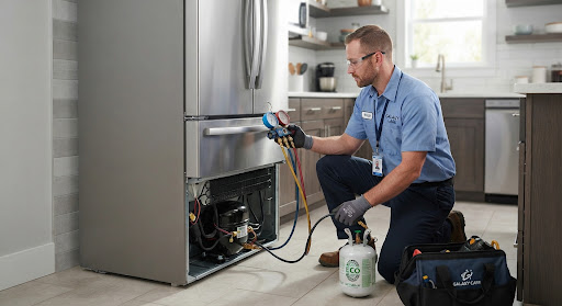 Certified refrigeration engineer with safety gloves recharging eco refrigerant gas into the rear compressor assembly of a modern double-door French refrigerator in a kitchen space