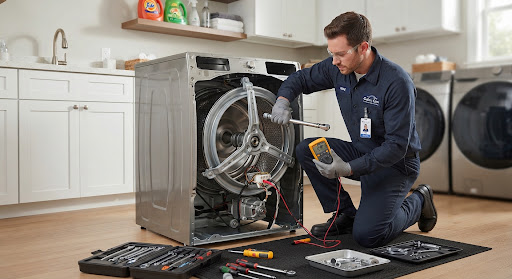 Skilled service specialist disassembling and aligning the front load stainless steel wash drum of a premium washing machine with precision wrenches and diagnostic multimeter in a neat laundry room